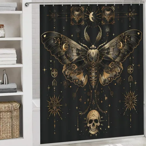 Miniatura 5 de Juego de 4 cortinas de ducha retro de estrella y luna, decoración de baño, cortina de ducha gótica de Halloween, mariposa aterradora con alfombra