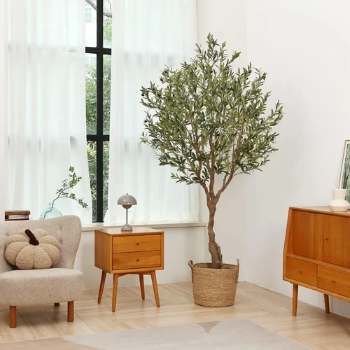 Miniatura 7 de LOMANTO - Árboles de olivo artificiales para interiores, 7 pies de alto, plantas de olivo artificiales altas, árbol de olivo falso de seda en maceta