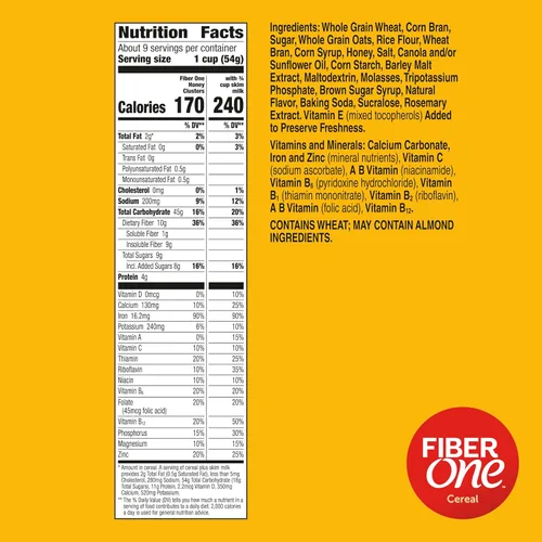 Miniatura 2 de Fiber One Honey Clusters Cereal de desayuno, cereal de fibra hecho con grano entero, 17.5 onzas