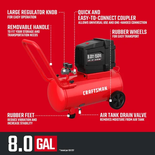 Miniatura 2 de CRAFTSMAN Compresor de aire 8 galones sin aceite 1.8 HP Max 150 PSI tanque horizontal con 10 accesorios