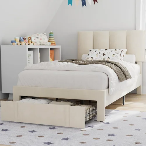Miniatura 43 de VECELO - Base de cama tamaño individual con cabecera tapizada, plataforma con soporte de listones de madera de alta resistencia, no necesita somier