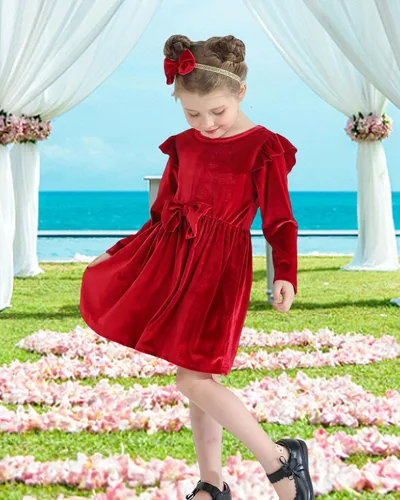 Miniatura 2 de Kucnuzki Vestido de terciopelo para niña pequeña, vestido de terciopelo sólido para niña, vestido de princesa casual para fiesta de otoño