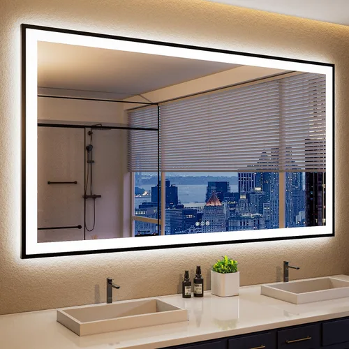 ISKM Espejo LED con marco para baño de 60"x36", espejo de baño LED regulable con luces, antivaho, espejo iluminado frontal y retroiluminado de 3