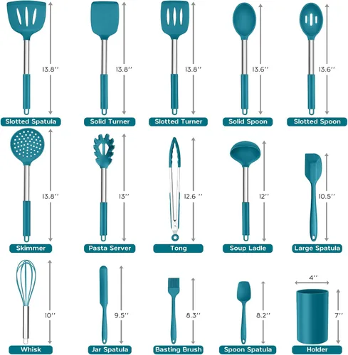 Miniatura 2 de Onader - Juego de utensilios de cocina de 15 piezas con soporte, espátula de silicona resistente al calor con mango de acero inoxidable, color azul