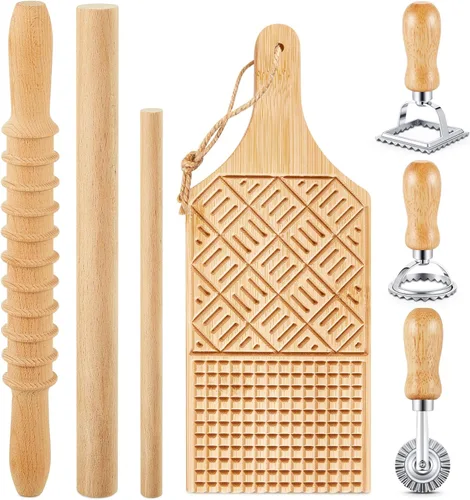 Miniatura 11 de Tioncy Juego de 7 piezas de herramientas para hacer pasta con tabla de gnocchi de madera, sello para raviolis, fabricante de raviolis y rodillo