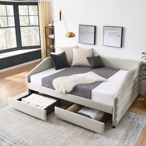 Miniatura 11 de Flieks Sofá cama tapizado de tamaño individual con nido, sofá cama tapizado de tela de lino, cama nido con ruedas y marco de madera, no necesita