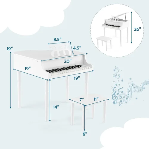 Miniatura 4 de HONEY JOY Piano clásico para niños, mini piano de cola de 30 teclas con soporte de música y banco, juguete de instrumento musical de madera con tapa