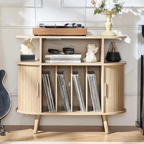 Miniatura 11 de LELELINKY - Soporte grande redondo para tocadiscos con estación de carga y estante de exhibición acanalado, gabinete para tocadiscos color negro