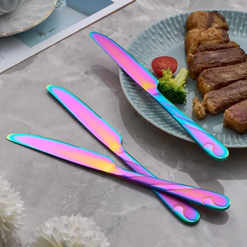 Miniatura 6 de Juego de cuchillos de cena arcoíris, cuchillo de carne arcoíris brillante de acero inoxidable para mesa, juego de 6 cuchillos de 23.37 cm
