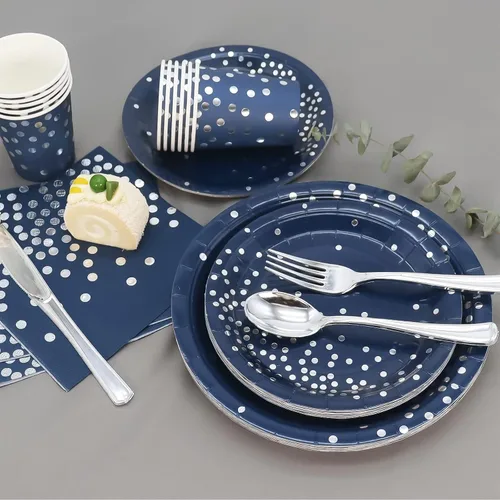 Miniatura 2 de Decoraciones de fiesta azules y plateadas, 168 platos azules y servilletas, suministros de fiesta, platos de cumpleaños azul marino para 24