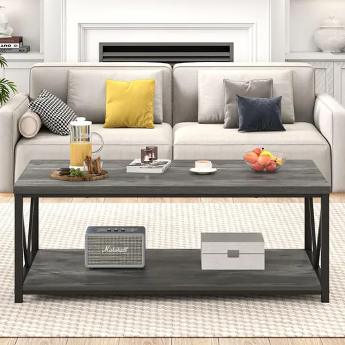 Miniatura 7 de EXCEFUR Mesa auxiliar, mesa de sala de estar de madera rústica y metal, mesa central rectangular industrial con estante de almacenamiento, 47 Gris
