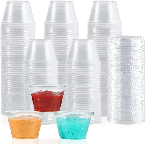 Miniatura 8 de Lilymicky 400 juegos de vasos de plástico desechables de 1 onza con tapas, pequeños recipientes de plástico para condimentos para salsa, vasos