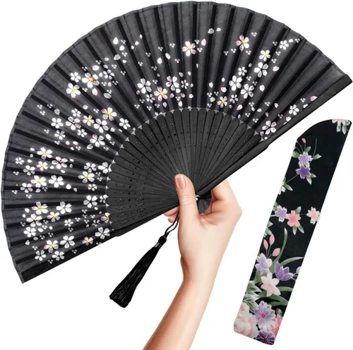 OMyTea Abanico plegable de mano para mujer - Abanico chino/japonés vintage de bambú y seda plegable - para sofocos, Iglesia, decoración, EDM,