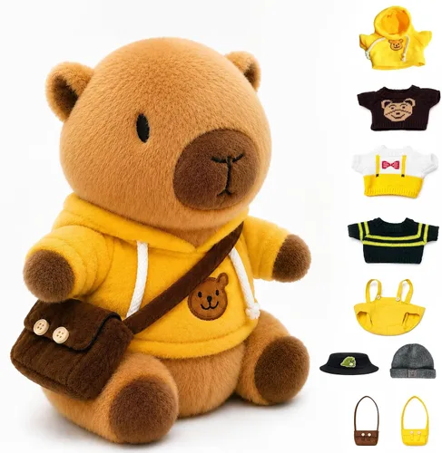 Capybara - Peluche de Capybara con 9 prendas y accesorios, súper suave, para niños y niñas de 10.2 pulgadas (Capybara negro)