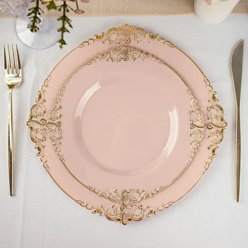 Miniatura 7 de Tableclothsfactory Paquete de 10 platos redondos de plástico barroco dorado de 8 pulgadas para ensalada de postre, vajilla desechable con borde