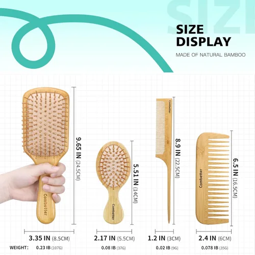 Miniatura 5 de Juego de cepillos y peines de bambú 100% de Combetter, peine para mujeres y desenredante, excelente para todo tipo de cabello, ecológico y hecho a