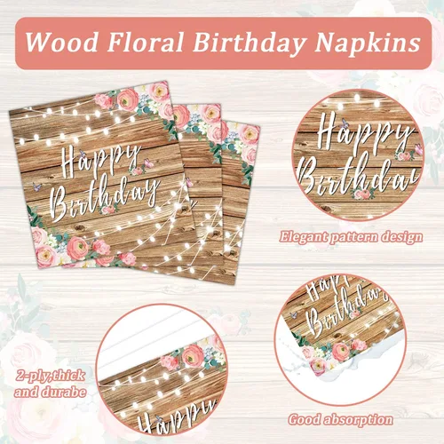 Miniatura 4 de Juego de 96 platos de fiesta de cumpleaños con flores de madera de grano de madera rosa y flores rústicas para niñas y niños, suministros de fiesta