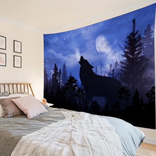 Miniatura 14 de HVEST Tapiz de pared de lobo para colgar en la pared, tapiz de animales salvajes, lobos aullidos en tapices nevados, escena de nieve de invierno