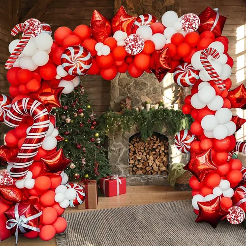 Miniatura 5 de Kit de arco de globos de Navidad de 175 piezas, incluye globos rojos, blancos, de bastón de caramelo y confeti, kit de herramientas