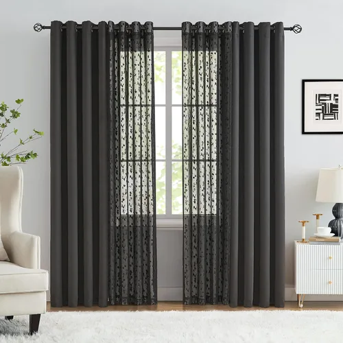 Miniatura 20 de Jubilantex Cortinas opacas completas + paneles de ventana transparentes con hojas, juego de tratamiento de ventana de doble capa estilo mezcla