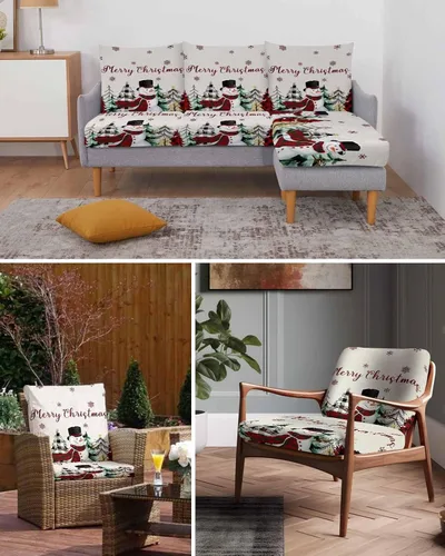 Miniatura 6 de Fundas de cojín elásticas para sofá de Navidad, diseño de muñeco de nieve, seccional/individual/en forma de L, protector de muebles con parte