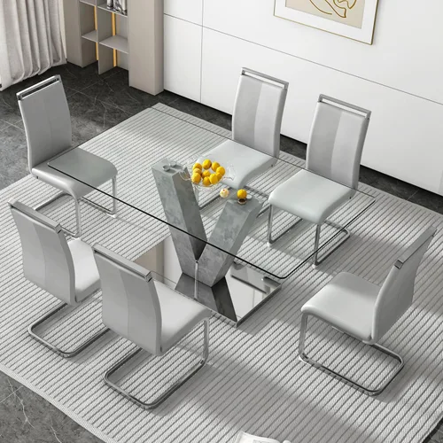 Miniatura 26 de Juego de mesa de comedor de vidrio de 71 pulgadas para 6, juego de mesa de comedor para 6, mesa de cocina moderna y 6 sillas de PU, parte superior 6