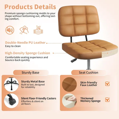 Miniatura 5 de Silla de escritorio de oficina en casa sin brazos – Pequeñas sillas giratorias de escritorio de oficina con ruedas – Silla de computadora de piel