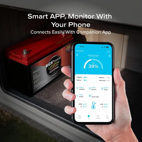 Miniatura 3 de Paquete de 2 baterías recargables ECI Power LiFePO4 de litio de 12 V 100 Ah Bluetooth 5000 ciclos de vida y 10 años de vida útil BMS integrado