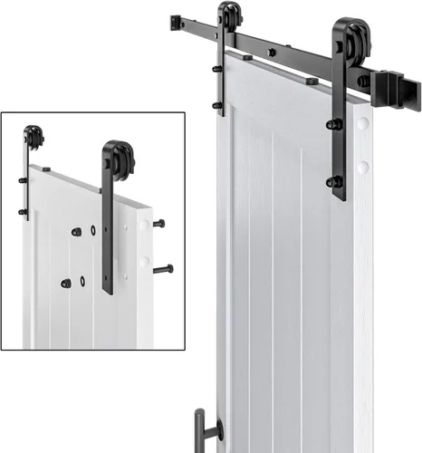Miniatura 5 de Puerta corrediza de granero MDF de 30 x 84 pulgadas con kit de herrajes para puerta de granero de 5 pies y asa, agujeros preperforados, fácil Blanco