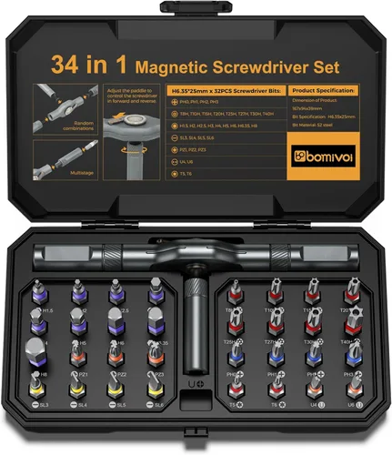 Bomivoi 34 en 1 Juego de destornilladores magnéticos, juego de destornilladores de trinquete DIY, juegos de accionamiento magnético multi bit con