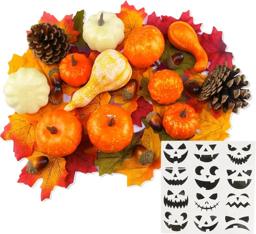 Decoraciones de otoño de calabazas para el hogar: juego de 50 mini calabazas de plástico que incluye hojas falsas, bellotas, piñas, calabazas para