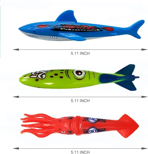 Miniatura 7 de Haktoys Juego de juguetes de buceo para piscina con torpedo de tiburón submarino, juguetes de buceo de calamar y sumideros de entrenamiento