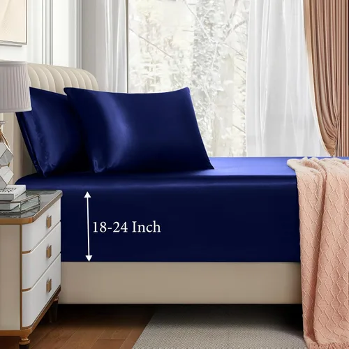 Miniatura 19 de VACVELT Juego de sábanas bajeras de satén de 3 piezas con bolsillos extra profundos para cama matrimonial, sábana bajera color gris que se ajusta a
