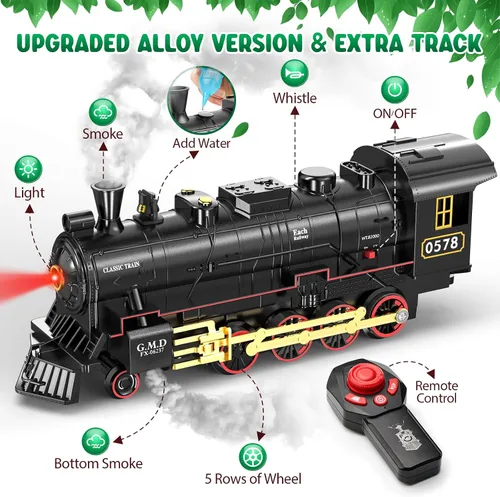 Miniatura 2 de Hot Bee Juego de tren para niños, juguetes de tren de aleación a control remoto con locomotora de vapor, vagones de carga, vías, trenes con luces