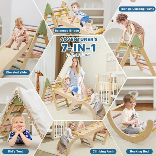 Miniatura 3 de Pikler - Juego de escalada triangular plegable de madera 7 en 1, juguetes Montessori para niños pequeños de 1 a 3 años, gimnasio de selva
