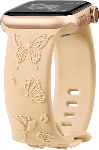 Miniatura 8 de Melyis Correa deportiva de silicona suave grabada con diseño floral y mariposa compatible con Apple Watch de 1.575 pulgadas, 1.614 pulgadas, 1.496