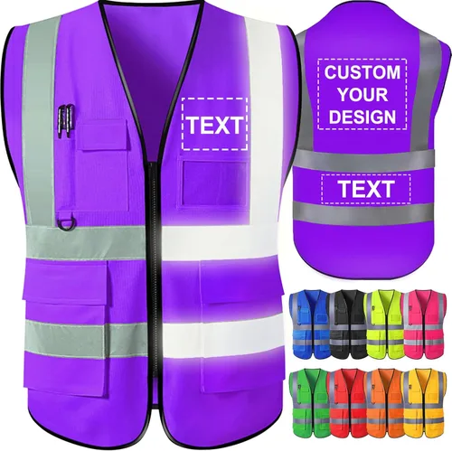 Miniatura 9 de Chaleco de seguridad personalizado para hombre con bolsillos con logo, chalecos reflectantes de alta visibilidad para construcción, ropa de Naranja