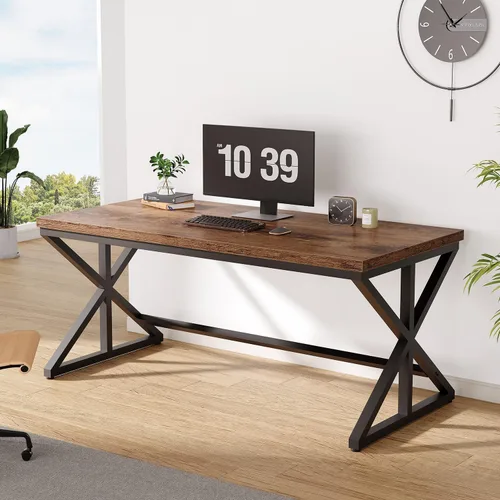 Miniatura 8 de IBF Mesa de Computadora Industrial, Escritorios de Oficina Ejecutivos de Madera y Metal Rústicos, Mesa de Escritorio Grande, Larga y Simple