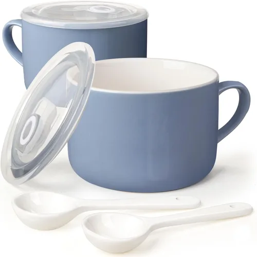 Miniatura 14 de Tazones de sopa con asas y cucharas, cuenco de cerámica para ramen de 30 onzas con tapa, tazas grandes para fideos instantáneos, cuencos grandes