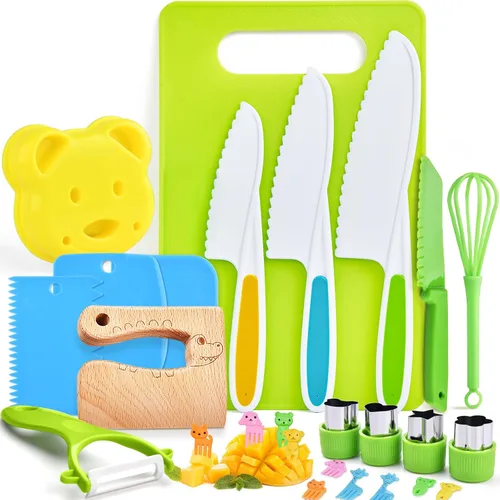 Hilsoeet 26 piezas cuchillos para niños para cocinar de verdad, juego de cuchillos de cocina de madera para niños incluye 4 cuchillos de plástico