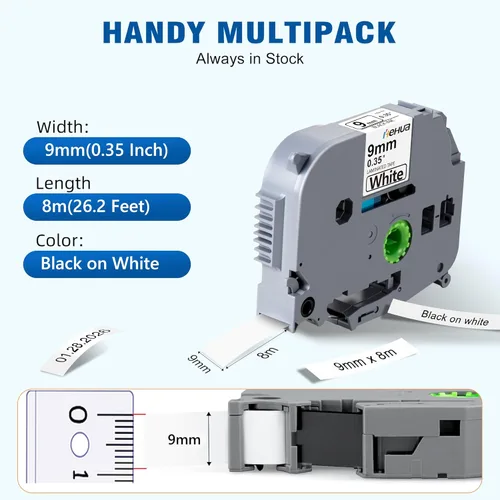 Miniatura 6 de Hehua Cinta TZ laminada compatible de 0.354 in 0.35 de repuesto para Brother P Touch TZe-221 TZe221 TZ221 TZ-221 3/8 pulgadas, cinta resistente al