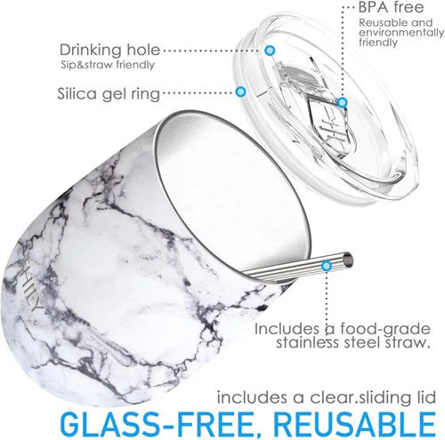 Miniatura 3 de Vaso de vino aislado al vacío sin tallo – Markline de 12 onzas de acero inoxidable con aislamiento de triple pared con tapa y popote, mantiene