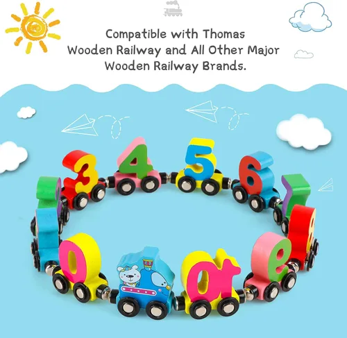 Miniatura 4 de Wondertoys Juego de 12 piezas de tren de madera con números de juguete, incluye 1 motor de autos para niños y niñas, compatible con las principales