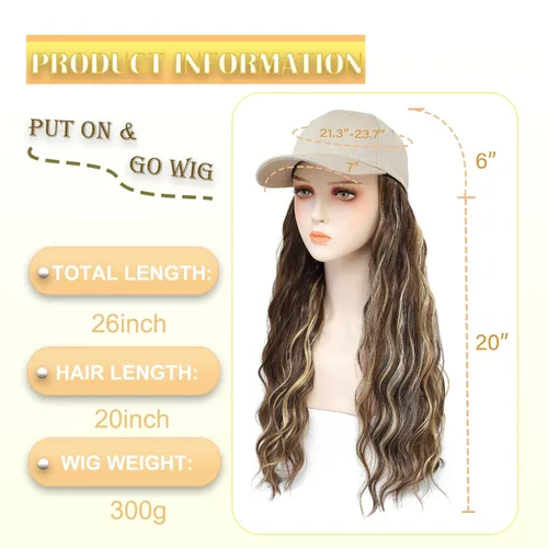 Miniatura 3 de Gorra de béisbol con peluca de cabello largo ondulado natural, con gorra, resistente al calor, mezcla sintética marrón rubio, fibras ajustables