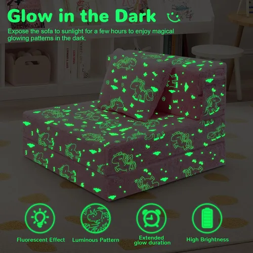 Miniatura 8 de MeMoreCool Sofá cama triple de unicornio rosa brillante para niños, futón plegable y sofá de suelo, colchón convertible triple para sala