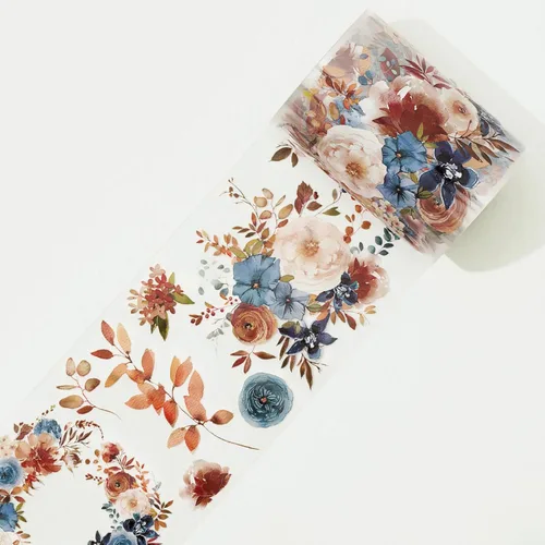 WT Cinta de PET ancha azul polvoriento y canela, un solo rollo, diseños originales, cinta decorativa floral, cinta transparente para manualidades