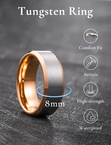 Miniatura 78 de King Will Anillo de boda de tungsteno para hombre, disponible en 15/64 a 25/64 de pulgada (6 a 10 mm), negro/plata, acabado mate, borde pulido