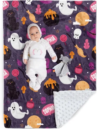 Miniatura 17 de Manta de Halloween personalizada, diseños de dibujos animados con nombre personalizable, manta de franela de felpa suave con respaldo punteado