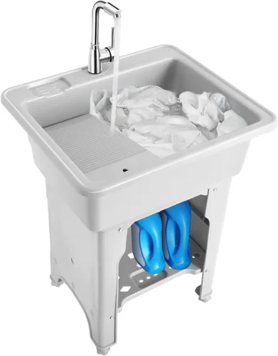 Miniatura 13 de Fregadero de lavandería de plástico independiente con tabla de lavadero, fregadero utilitario para interiores y exteriores, kit de drenaje