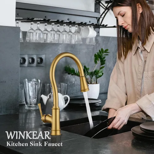 Miniatura 7 de Grifo de cocina con rociador extraíble, grifo de fregadero de cocina de latón vintage dorado de arco alto con placa de cubierta de 1 o 3 agujeros